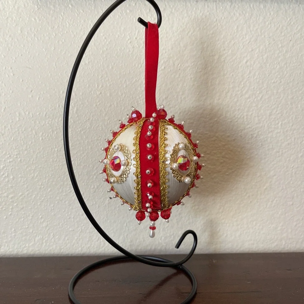 Vintage Bead‎ Sequin Push Pin Christmas Tree Ornament Red Gold Velvet Completed